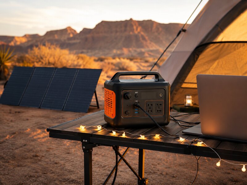 Jackery Explorer 1000 Plus power station powering gear at a campsite