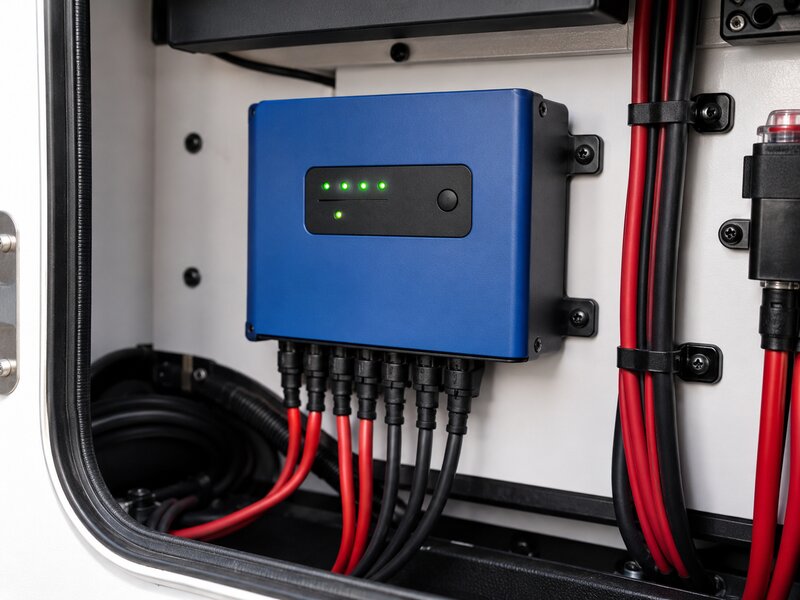 Victron SmartSolar MPPT charge controller mounted inside an RV electrical panel